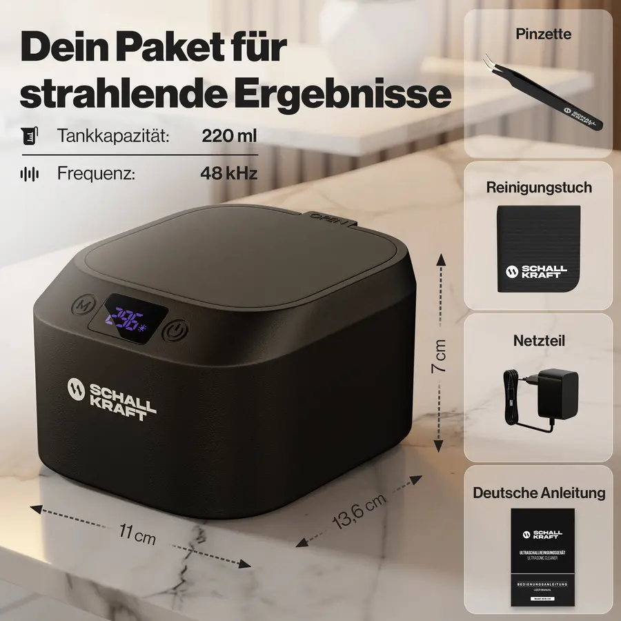 Lieferumfang: Pinzette, Reinigungstuch, Netzteil, Anleitung