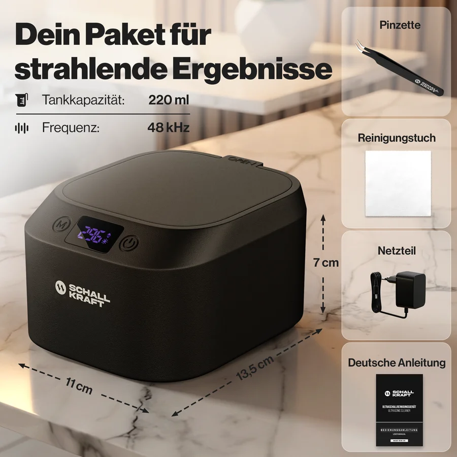 Lieferumfang: Pinzette, Reinigungstuch, Netzteil, Anleitung