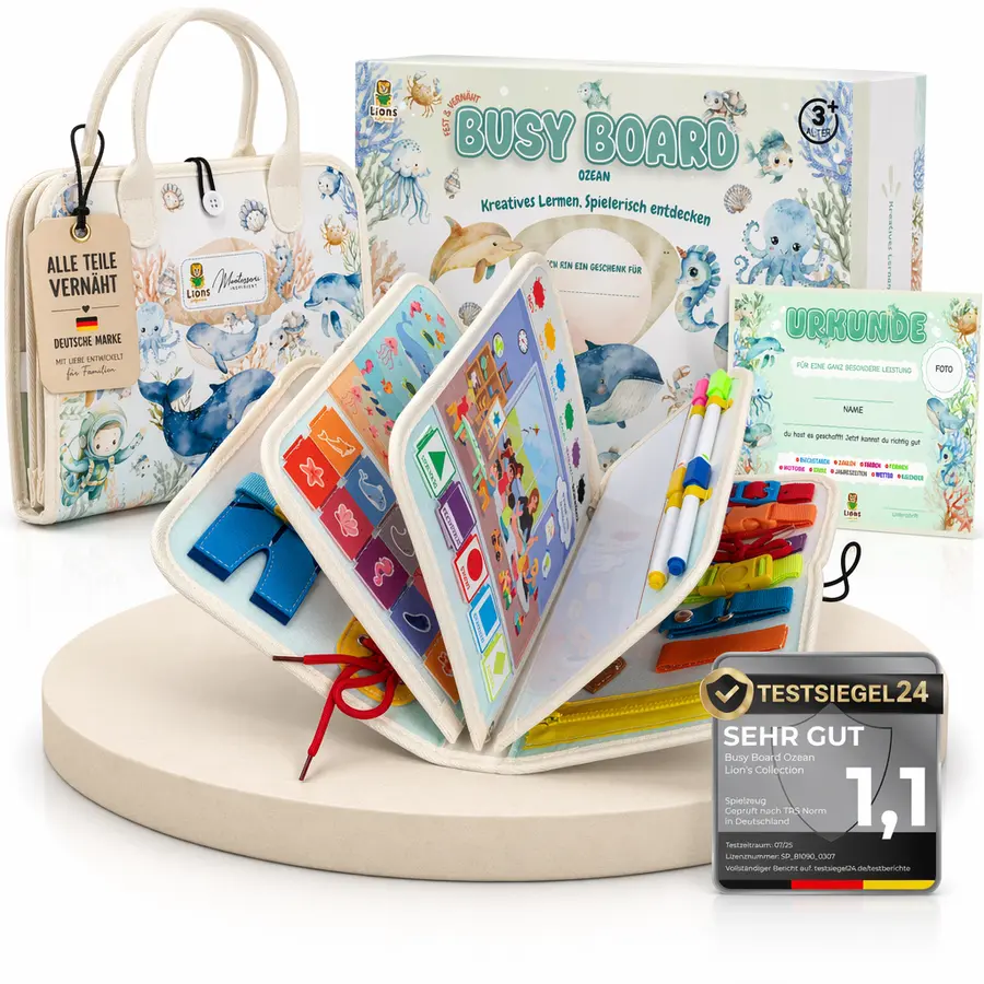 Nachher: professionell gestyltes Amazon-Hauptbild eines Busy Boards mit Verpackung und Trust-Siegel