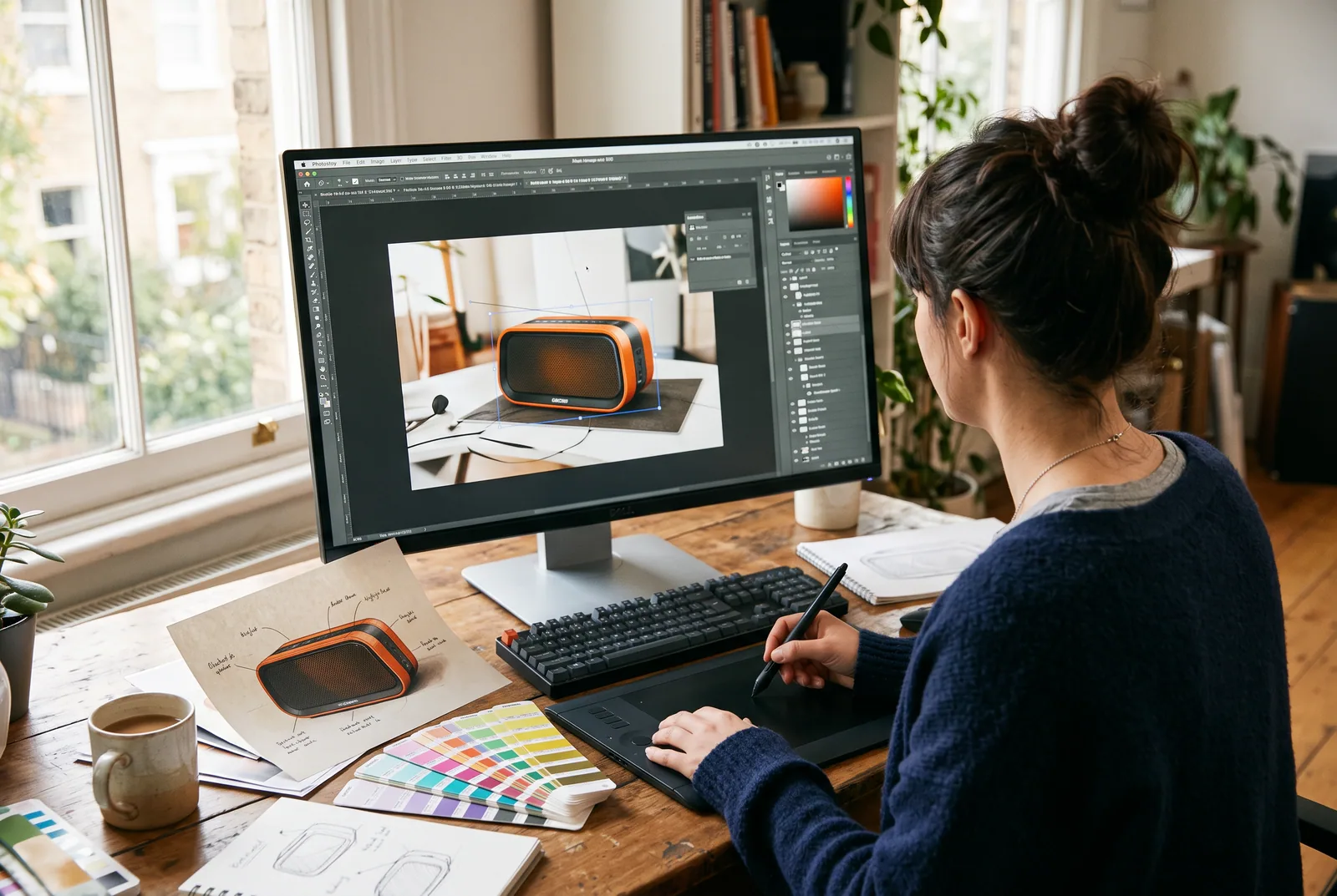 Designerin bearbeitet ein Produktbild in einer Bildbearbeitung am Grafiktablett