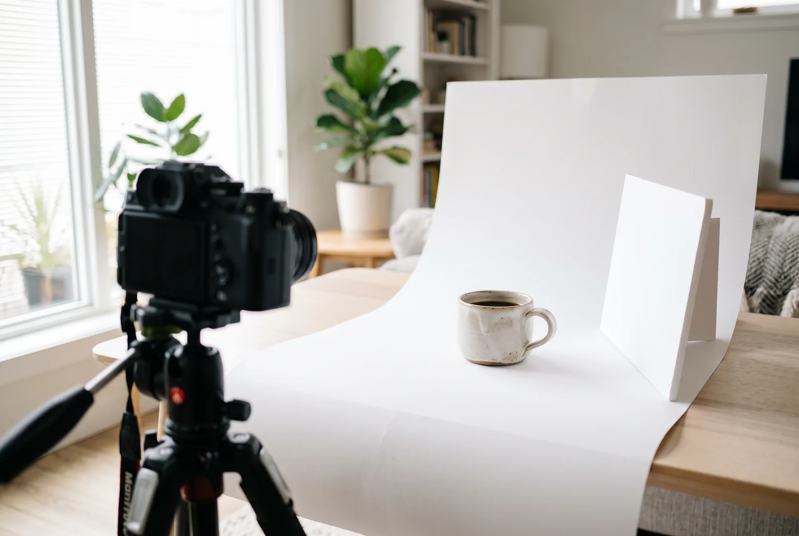 Heim-Setup für Produktfotos mit Kamera, weißem Papier und Reflektor