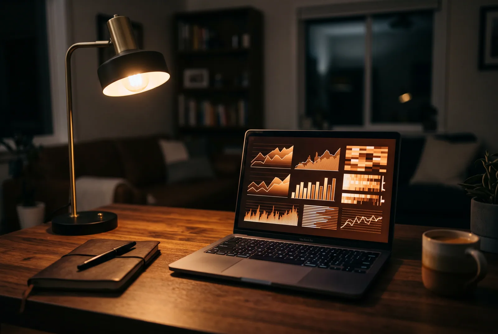 Laptop mit abstrakten Diagrammen auf einem Schreibtisch bei Lampenlicht