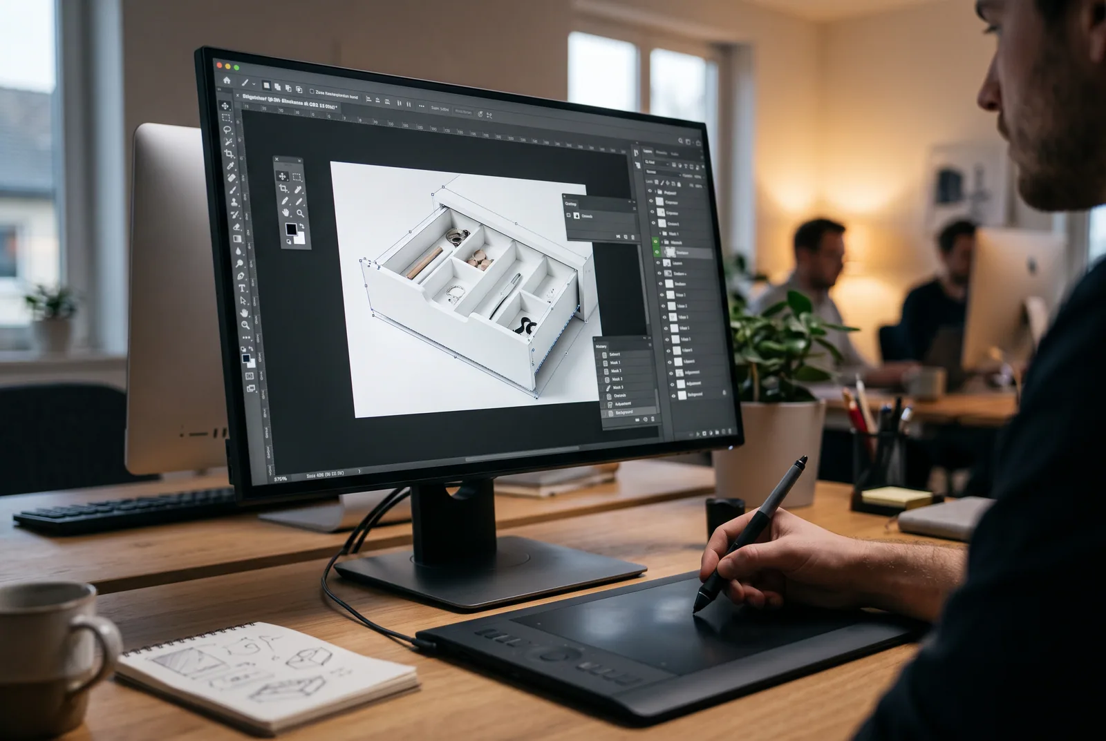 Retuscheur bearbeitet ein Produktfoto am Grafiktablett in einer Bildbearbeitung