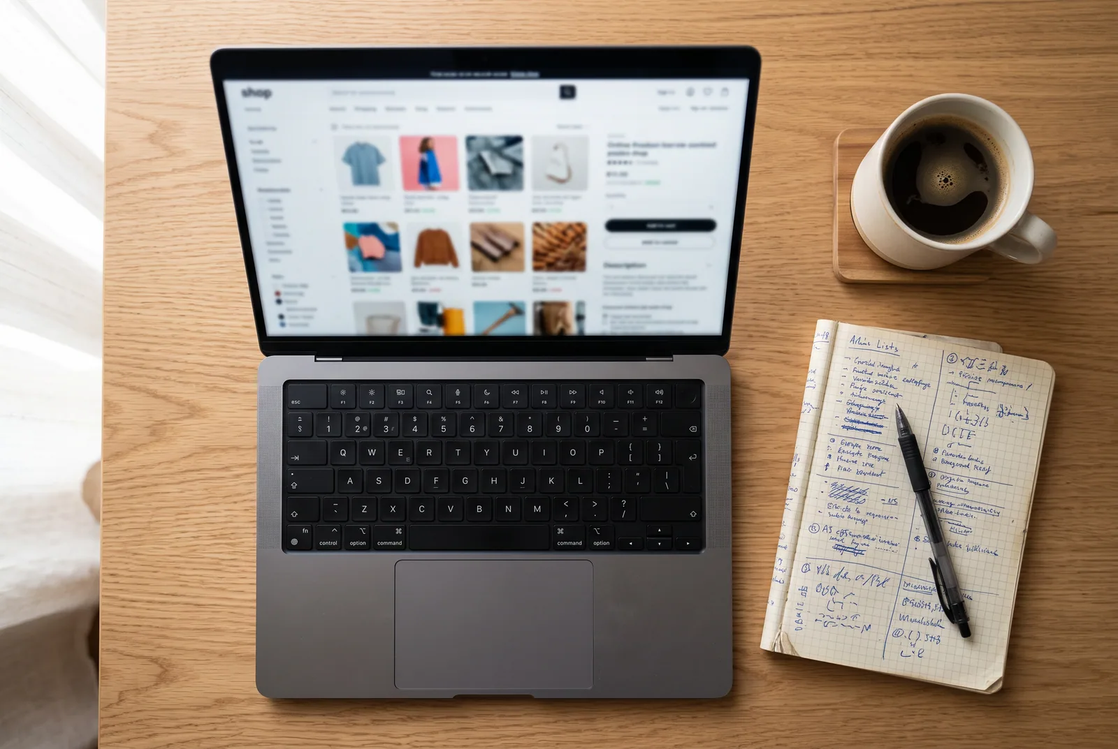 Schreibtisch mit Laptop, auf dem eine Shop-Produktseite zu sehen ist, und Notizbuch mit Stichwortlisten