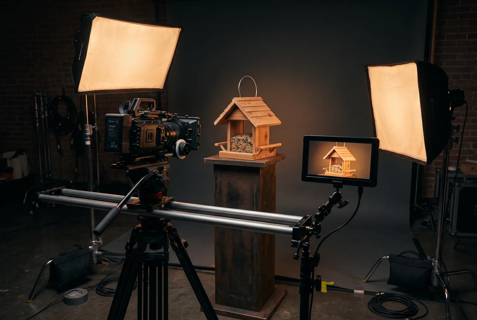 Videoset mit Kamera auf Slider, Softboxen und Vogelhaus als Produkt